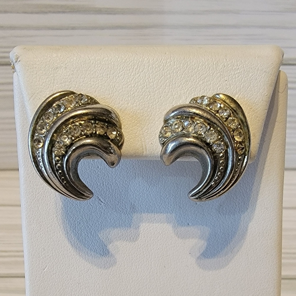 Vintage Clear Rhinestone Silver Tone Crescent Swirl Screw Back Earrings